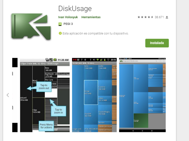 Aplicaciones para ver el uso del almacenamiento en Android. Sin espacio